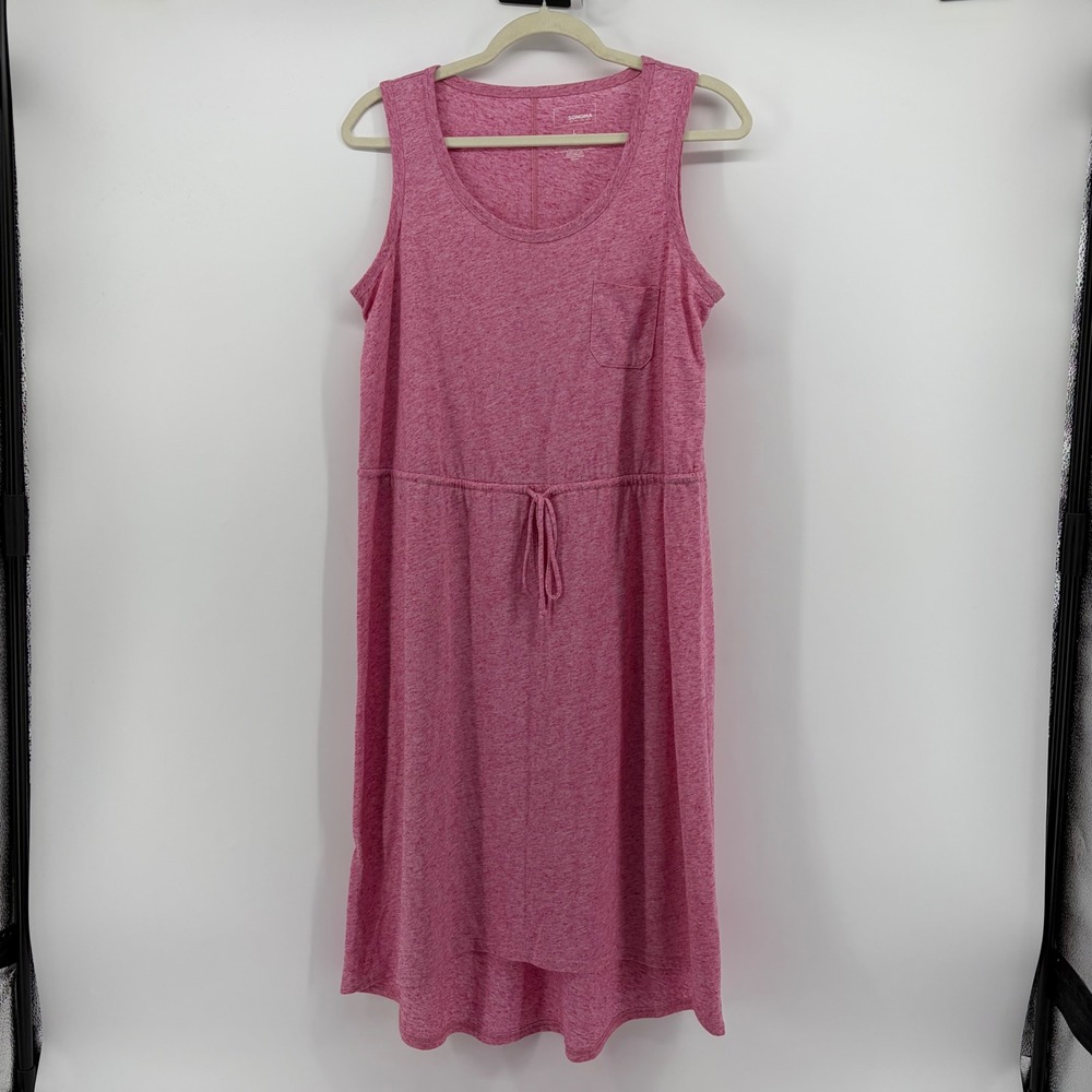 Sonoma Womens L Pink Tank Dress Drawstring Waist Linen Blend High-Low Hem